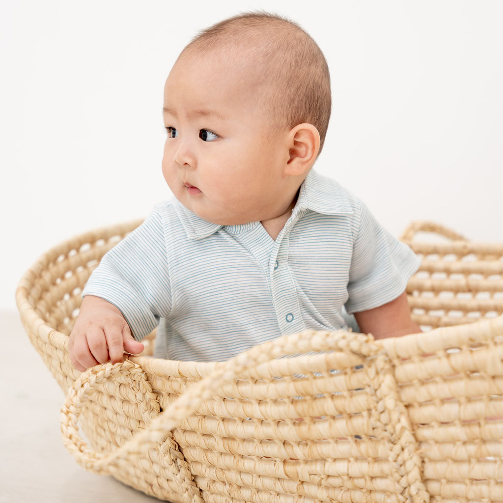 Motherswork x Le Petit Society Baby Boy Organic Polo Romper in Blue Stripes