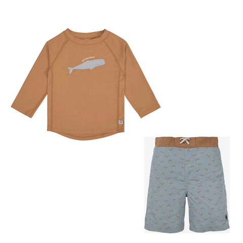 Lassig Boys Long Sleeve Rashguard Caramel + Board Shorts Blue Whale