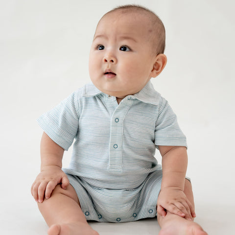 Motherswork x Le Petit Society Baby Boy Organic Polo Romper in Blue Stripes