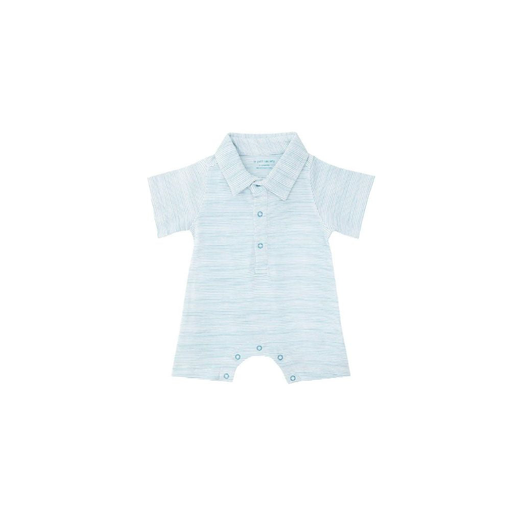 Motherswork x Le Petit Society Baby Boy Organic Polo Romper in Blue Stripes