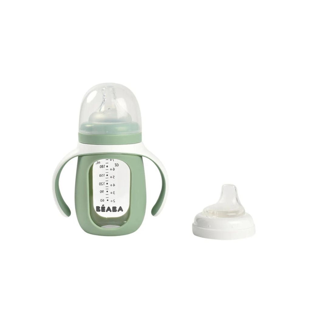 Beaba 2-in-1 Learning Glass Bottle With Silicone Cover Sage Green