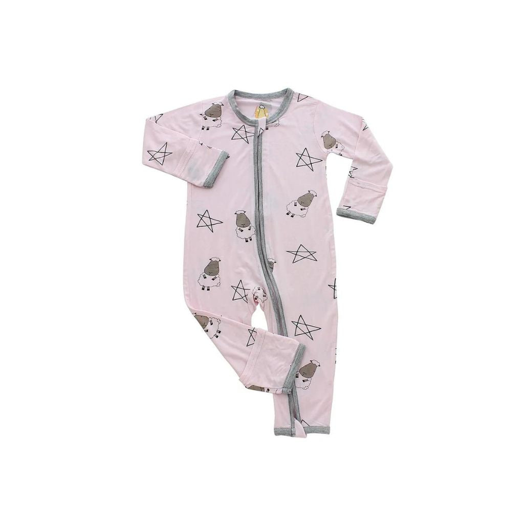 Baa Baa Sheepz Romper Zip Big Star & Sheepz Pink with Grey Border