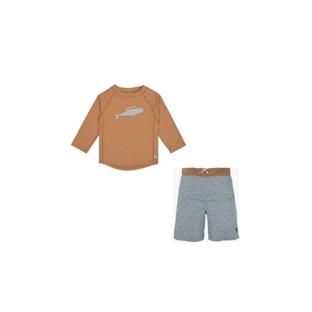 Lassig Boys Long Sleeve Rashguard Caramel + Board Shorts Blue Whale