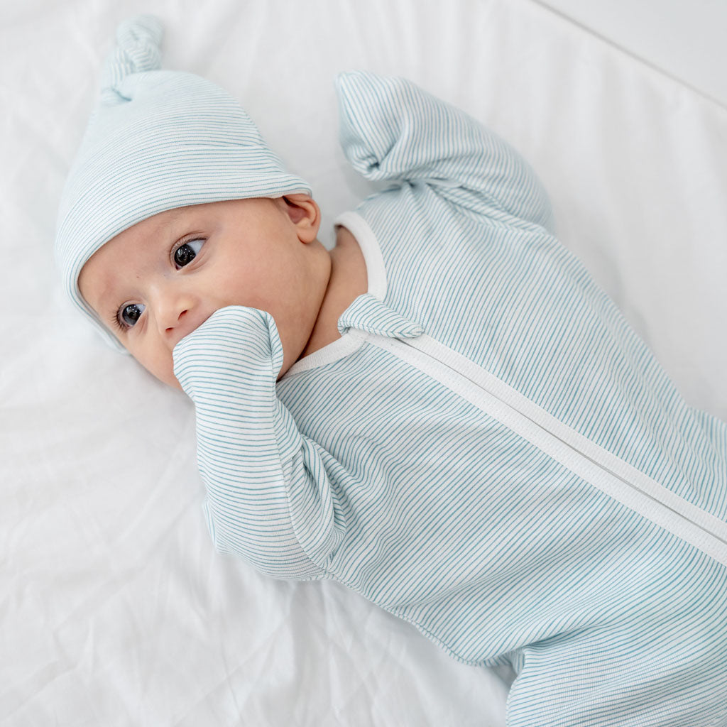 Motherswork x Le Petit Society Baby Organic Zip Sleepsuit in Blue Stripes