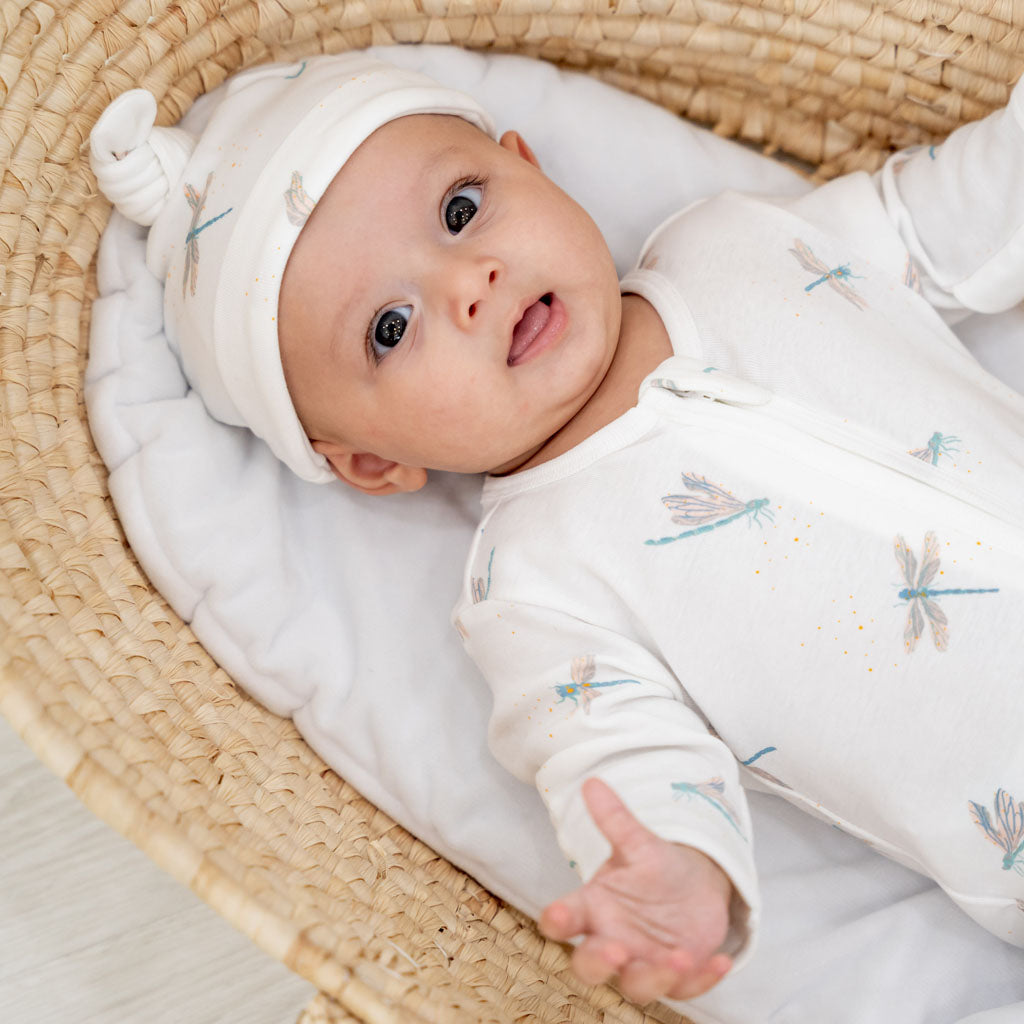 Motherswork x Le Petit Society Baby Organic Knotted Hat in Dragonfly Print