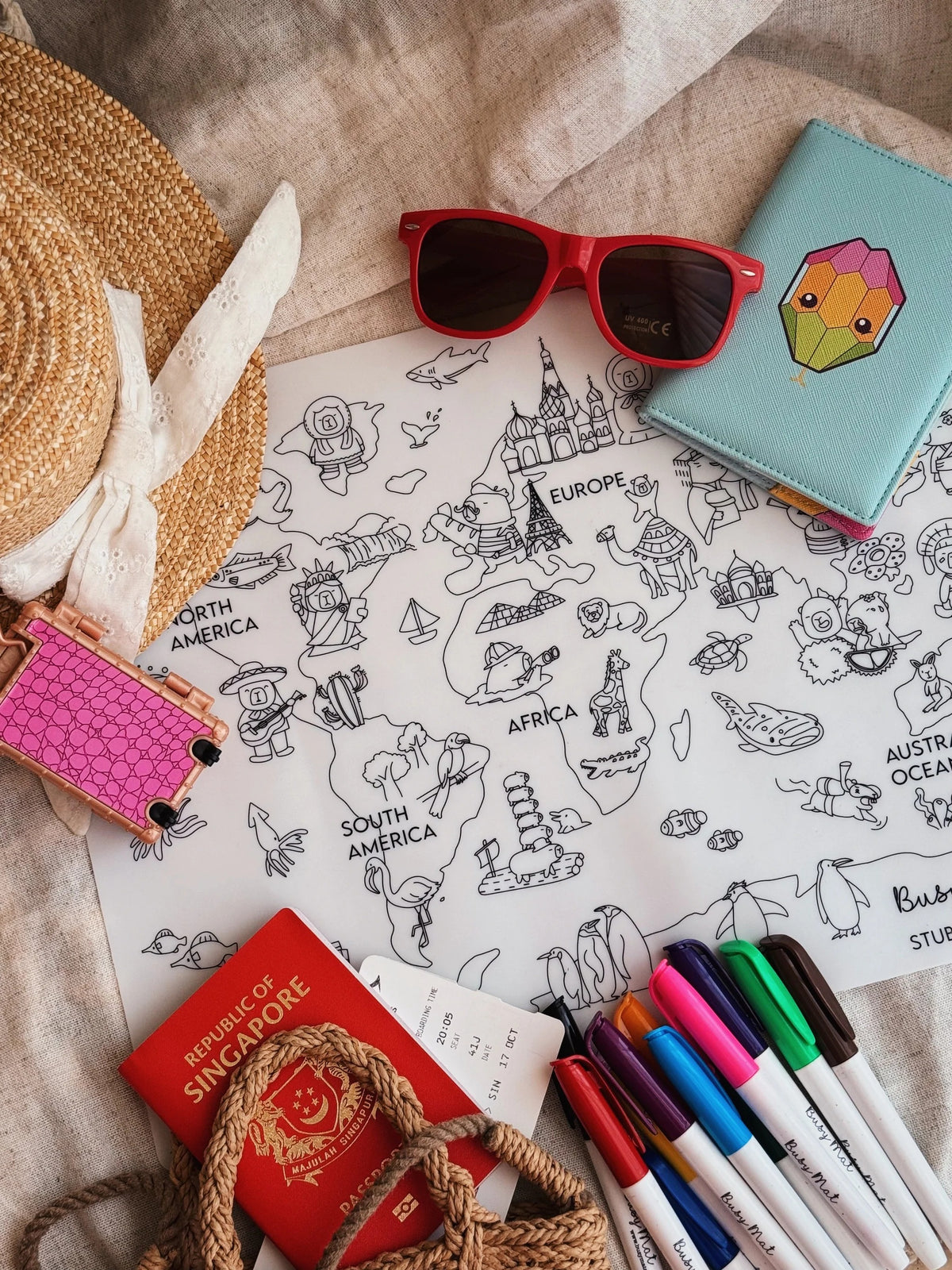 Busymat Travel Mat Capybara Around The World - 40CM X 30CM