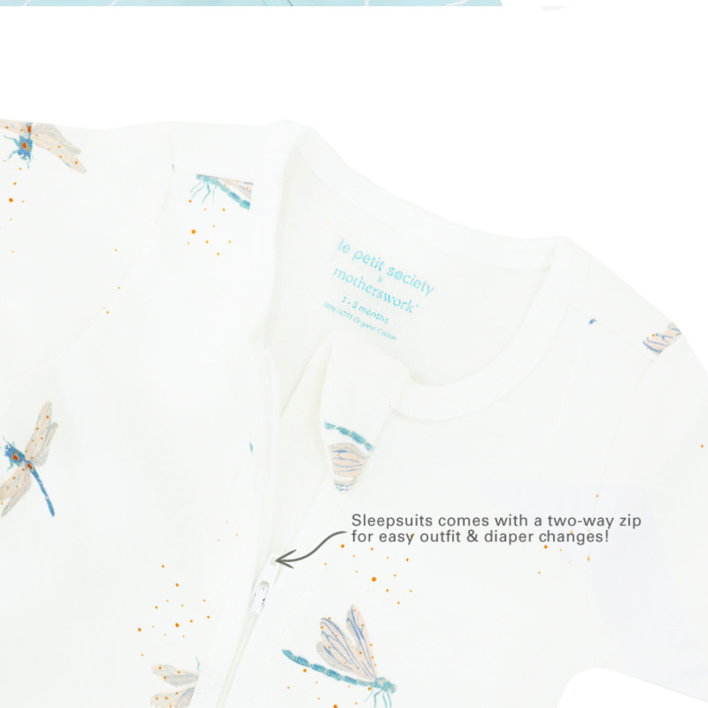 Motherswork x Le Petit Society Baby Organic Zip Sleepsuit in Dragonfly Print