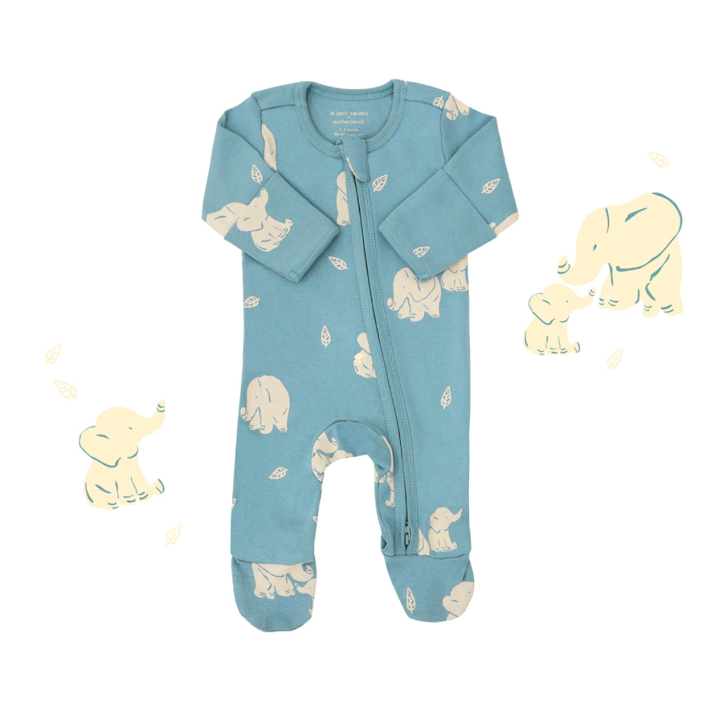 Motherswork x Le Petit Society Baby Organic Zip Sleepsuit in Elephant Print