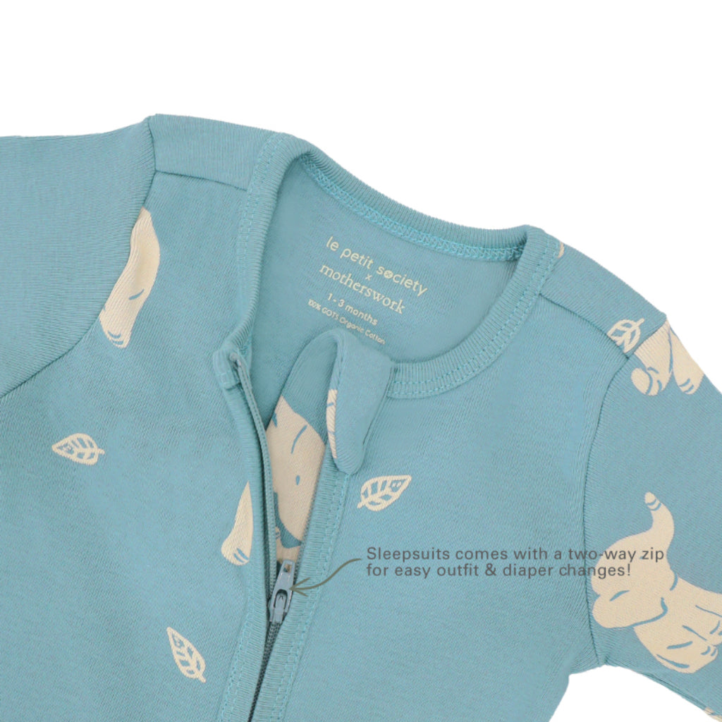 Motherswork x Le Petit Society Baby Organic Zip Sleepsuit in Elephant Print