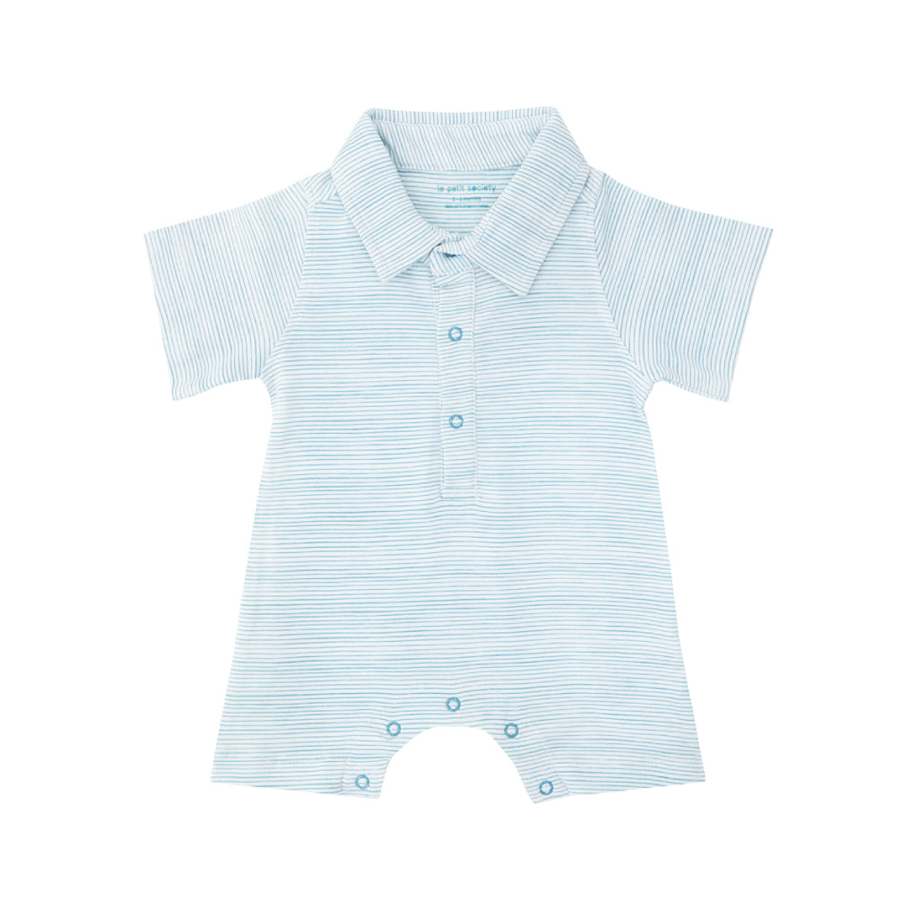 Motherswork x Le Petit Society Baby Boy Organic Polo Romper in Blue Stripes