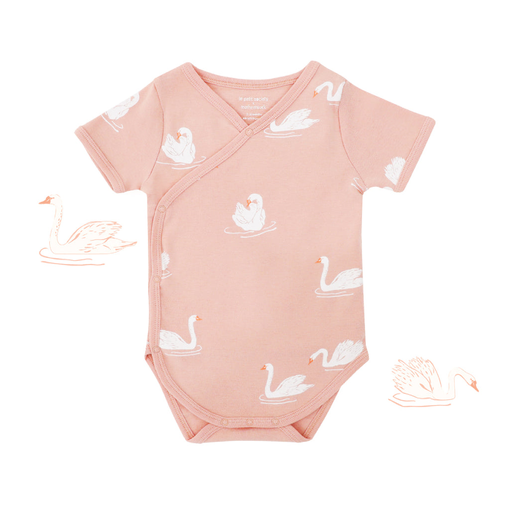 Motherswork x Le Petit Society Baby Organic Kimono Romper in Swan Print