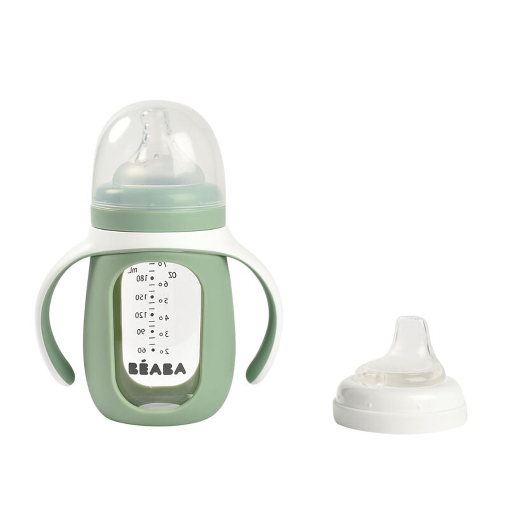 Beaba 2-in-1 Learning Glass Bottle With Silicone Cover Sage Green