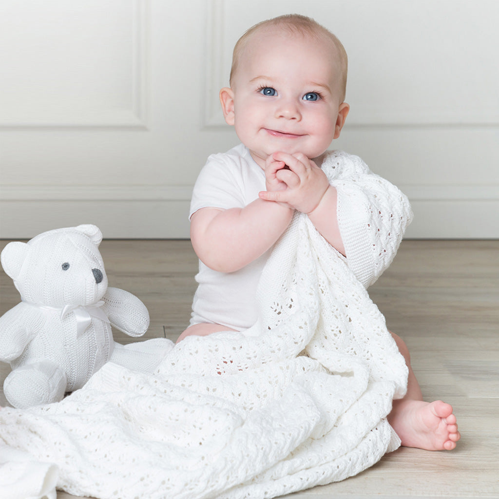 Living Textiles 100% Cotton Lattice Knit Baby Blanket - Pure White