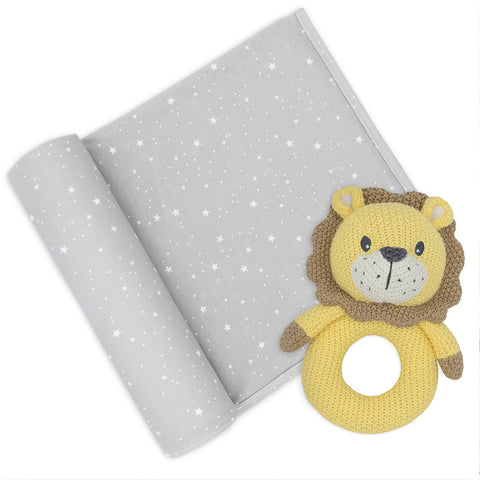Living Textiles Jersey Swaddle & Rattle Gift Set - Stars/Lion