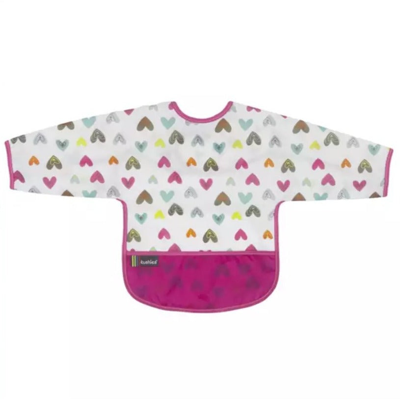Kushies Waterproof  Clean Bib with Sleeves White Doodle Hearts