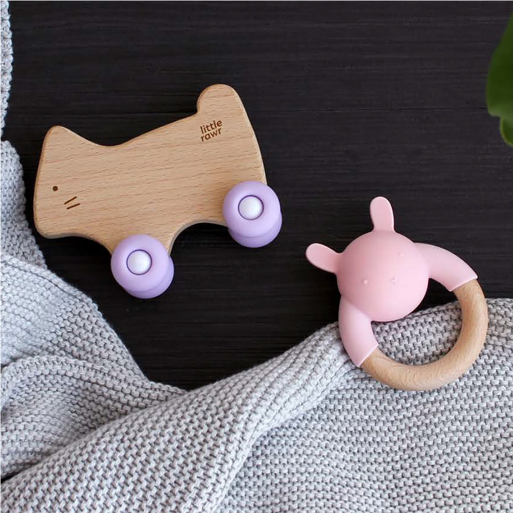 Kushies Little Rawr Silicone and Wood Rattle Ring